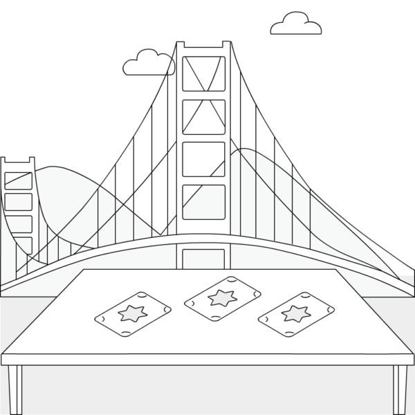 Illustration of Golden Gate Bridge and table with tarot cards on it. Tarot Card Reader for Party.