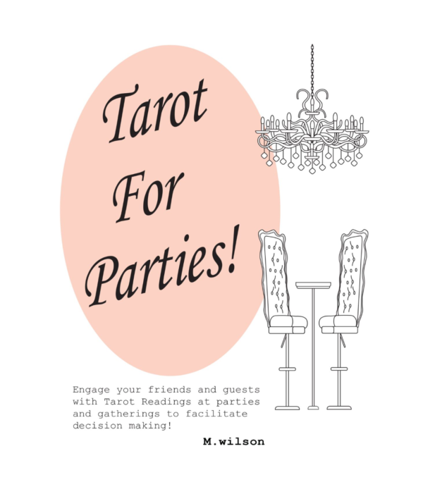 Peach and white illustration of a table, chairs, and chandelier. Tarot For Parties! bookcover - inspirational tarot softcover - How To Read Tarot Cards For Others - Learn Tarot Reading