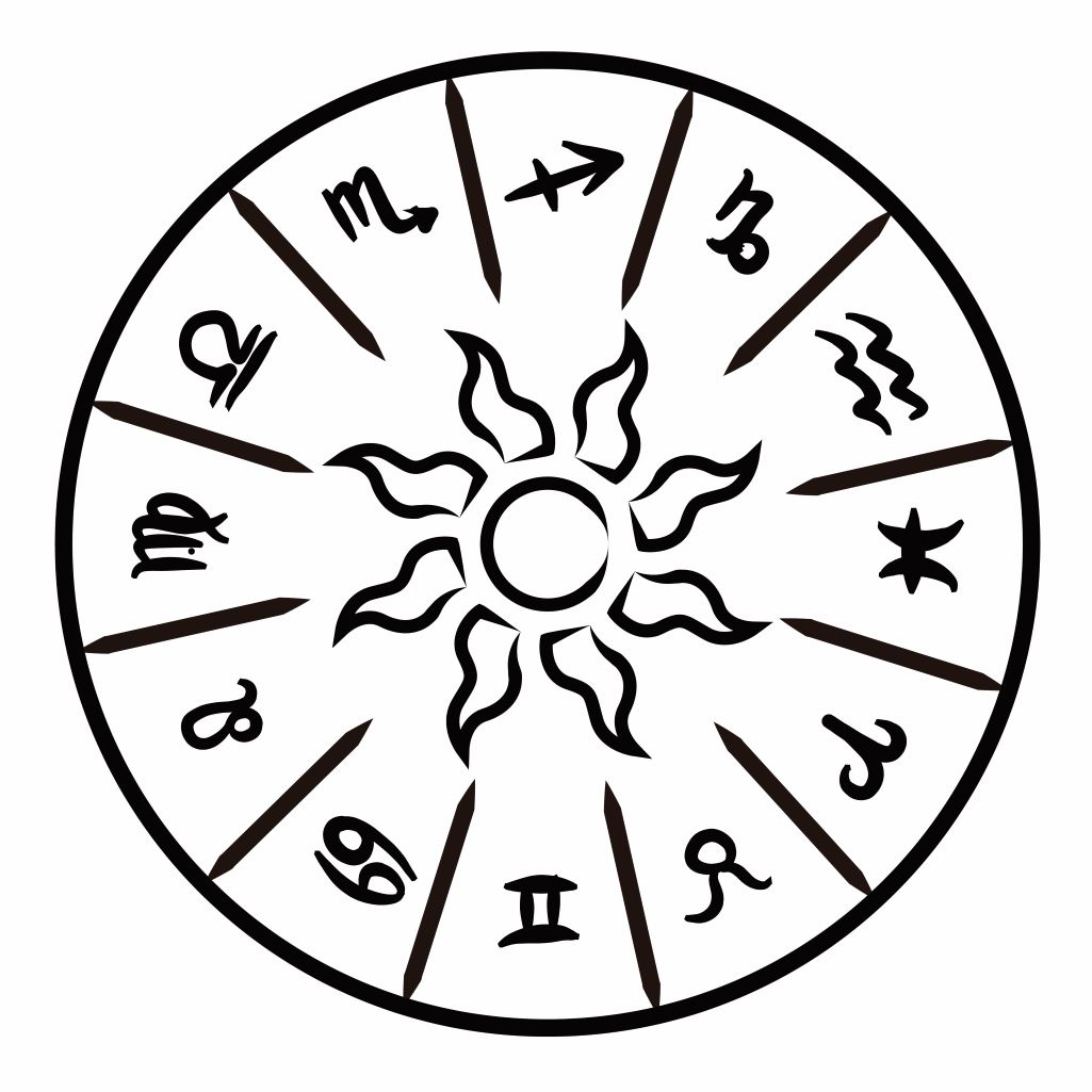 Black and white illustration of a zodiac wheel. inspiredtarotpractice.com - Tarot Spreads Book