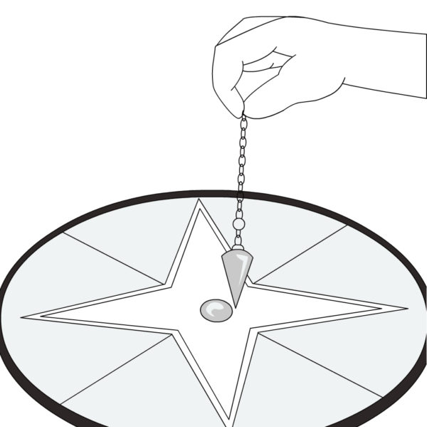 illustration of a Pendulum Reading with dowsing tool and hand.