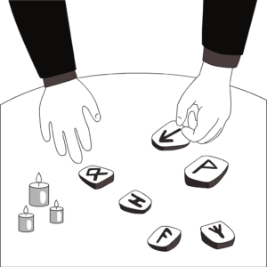 Illustration of arms and hands on a rune reading with candles.
